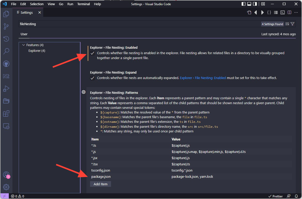 File Nesting settings in VS Code